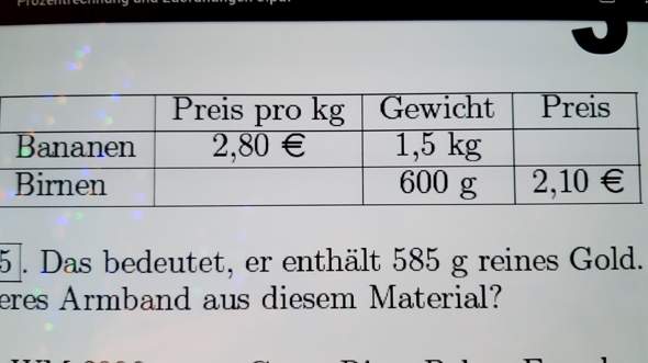 Wie berechne ich den Preis pro kg bei den Birnen?