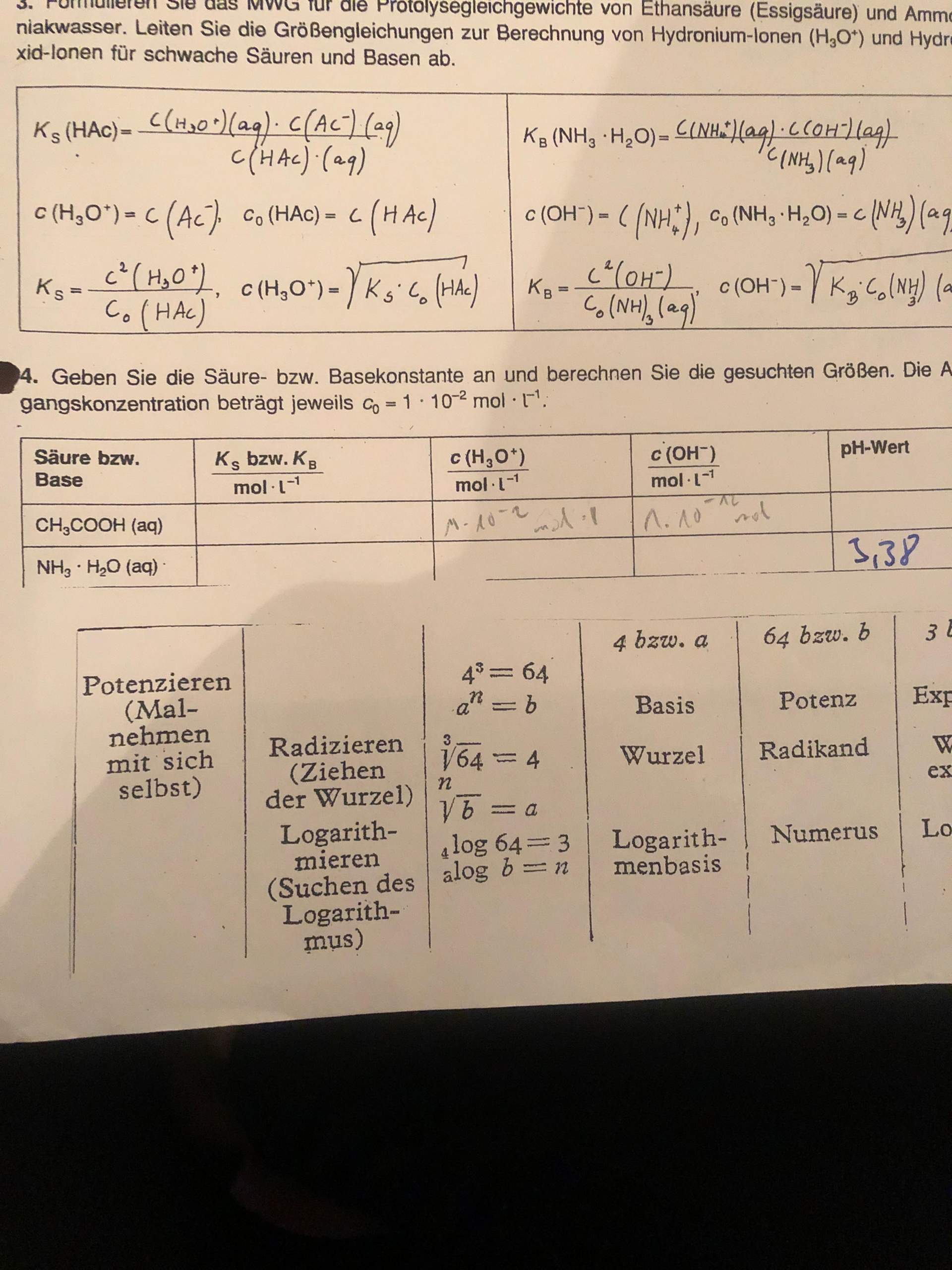 Wie berechne ich die Säure bzw. Basenkonstante aus? (Schule, Chemie ...