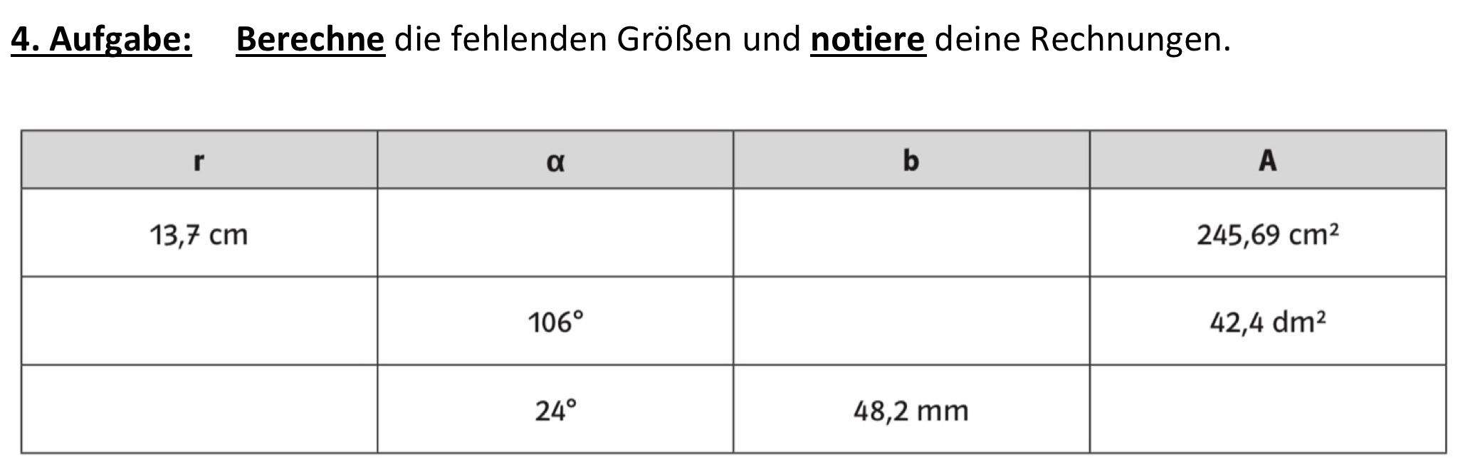 Wie berechne ich Radius und Alpha? (Schule, Mathematik, Winkel)