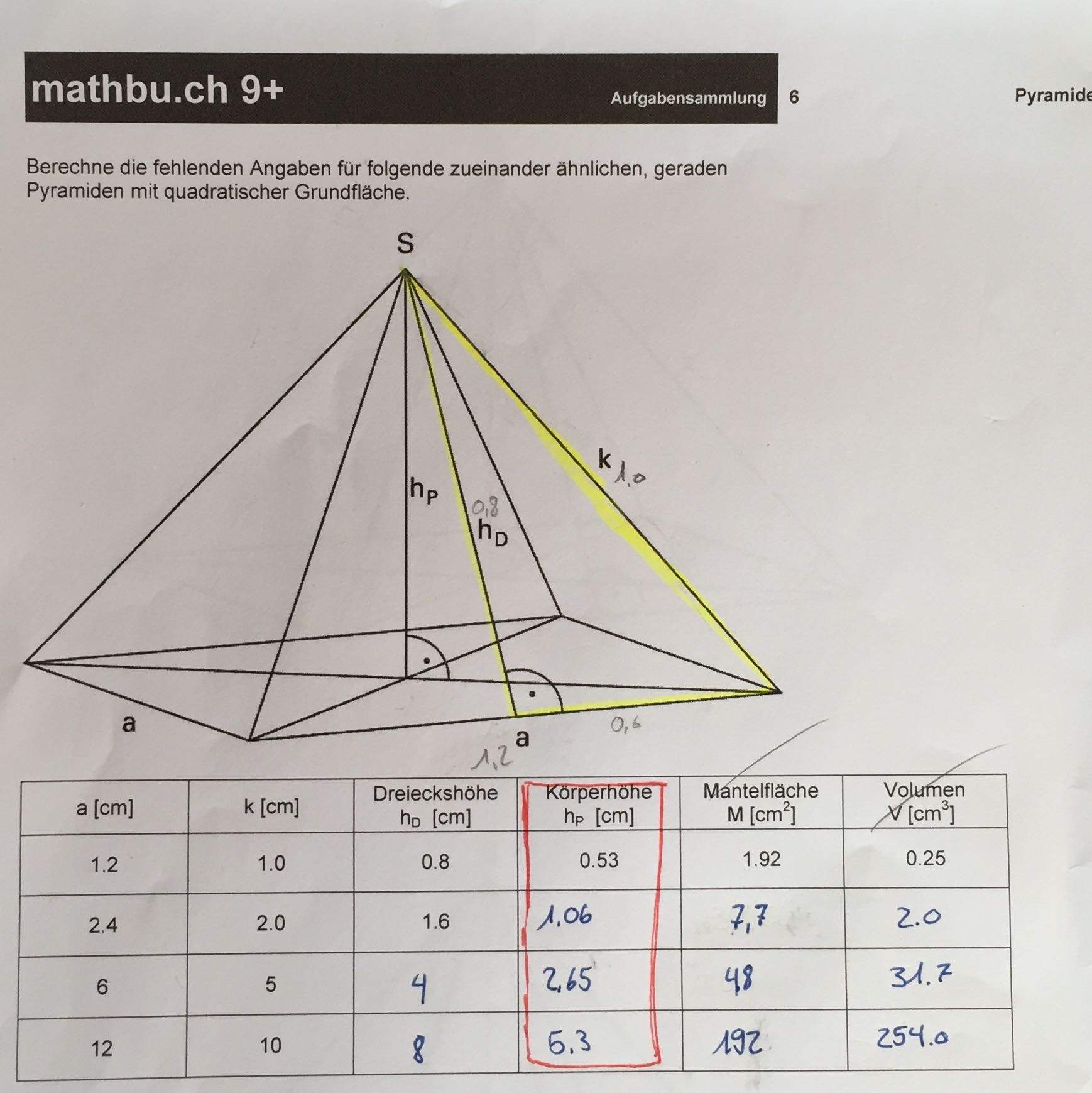 Wie berechnet man die Körperhöhe für eine Pyramide mit quadratischer