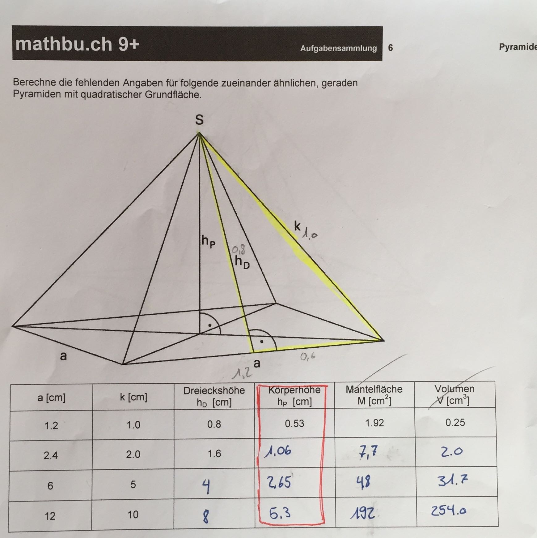 Wie Berechnet Man Die Korperhohe Fur Eine Pyramide Mit Quadratischer Grundflache Mathematik Satz Des Pythagoras Angaben
