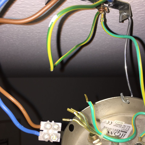 Aus der Decke ganz normal Phase (braun), Null (blau) und Schutzleiter/PE - (Elektrik, Kabel, Lampe)