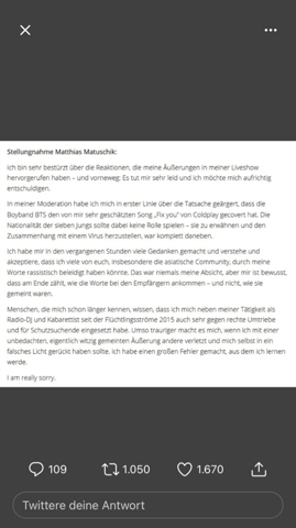 Wie findet ihr das Statement von Bayern 3 und Matthias Matuschik?