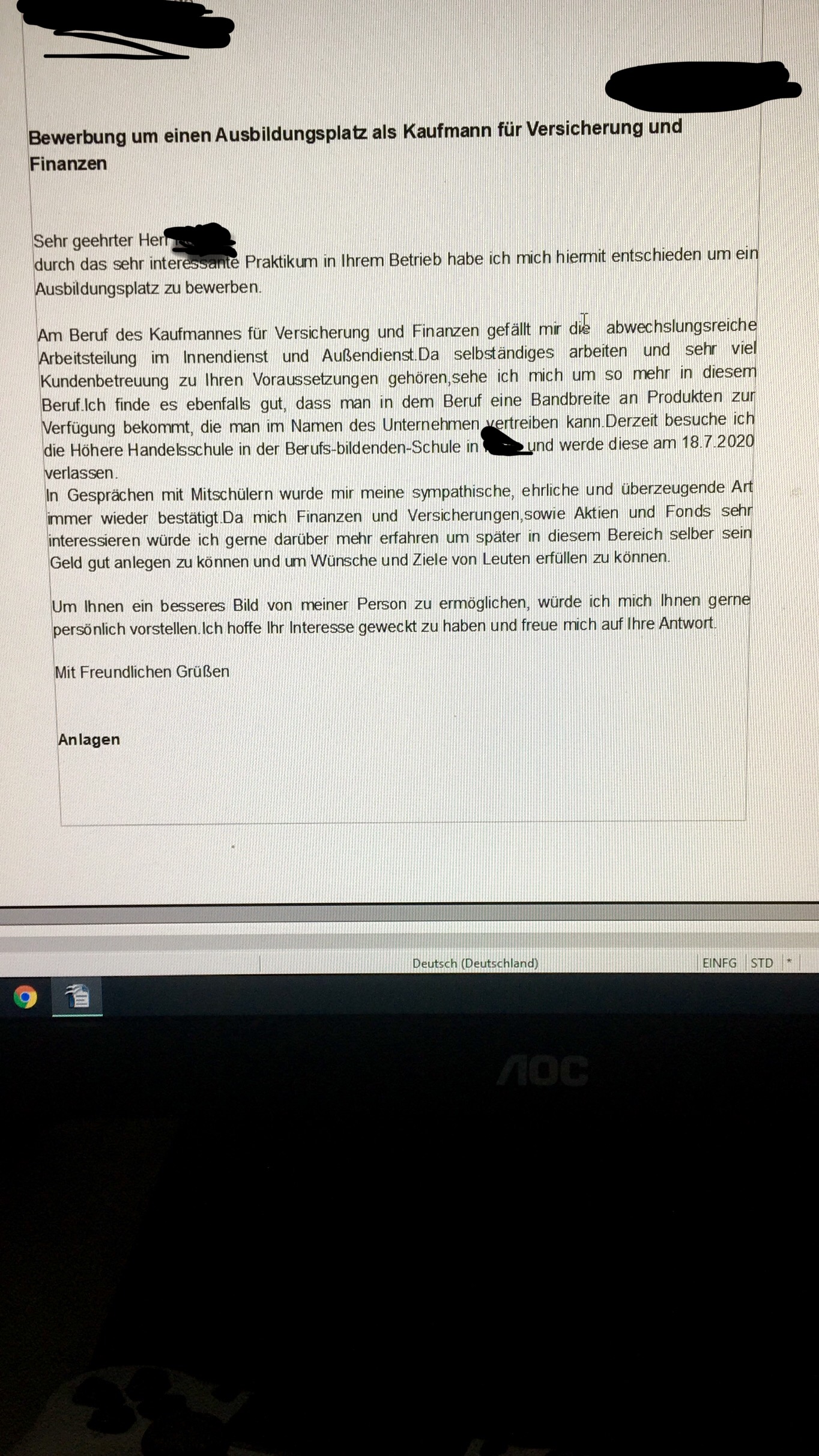 Wie Findet Ihr Diese Bewerbung Fur Den Ausbildungsplatz Kaufmann Fur Versicherung Und Finanzen Ausbildung Und Studium Ausbildung