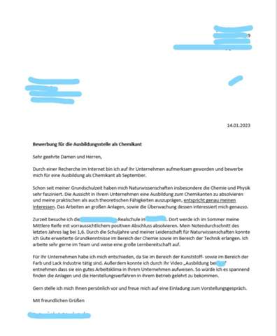 Wie findet ihr meine Bewerbung zum Chemikanten? (Arbeit, Leben, Beruf)