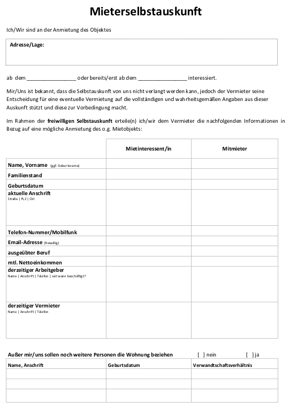 Mieterselbstauskunft Zum Ausdrucken Mieterselbstauskunft zum ausdrucken