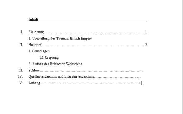 Inhaltsverzeichnis "British Empire" - (Schule, Internet, Deutsch)