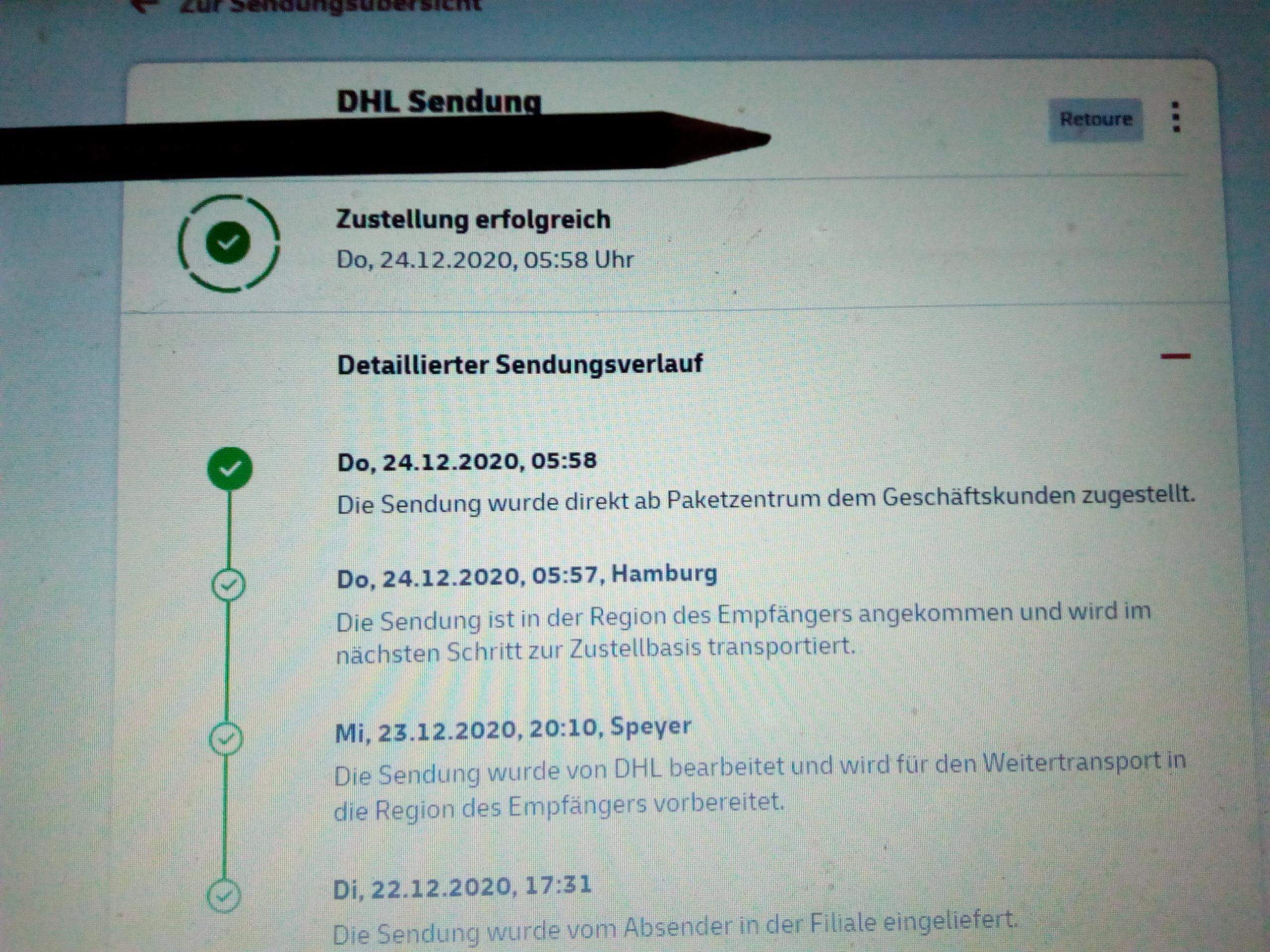 Wie kann ich anhand DIESER Sendungs-Informationen von DHL (s. Bild) nachweisen, dass die ...