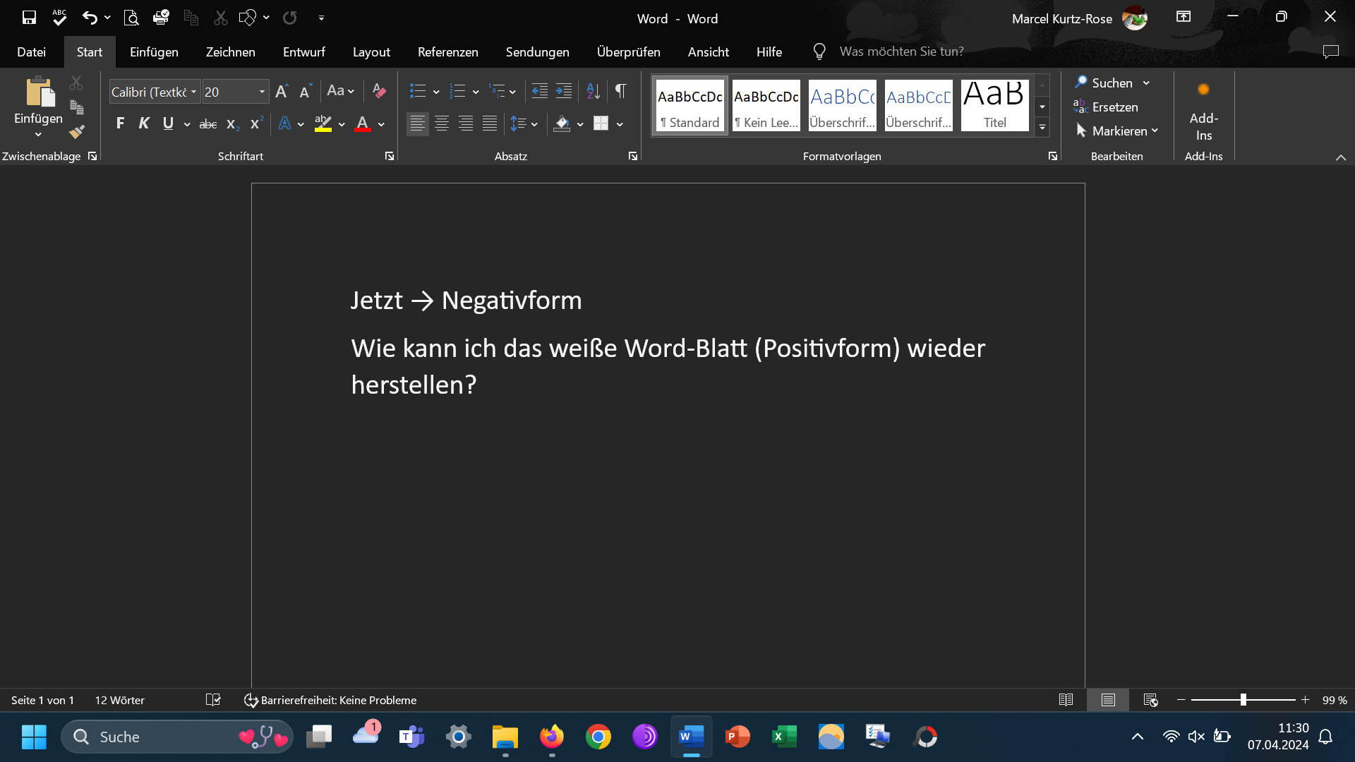 Wie kann ich das weiße Word-Blatt (Hintergrund) wieder herstellen ...