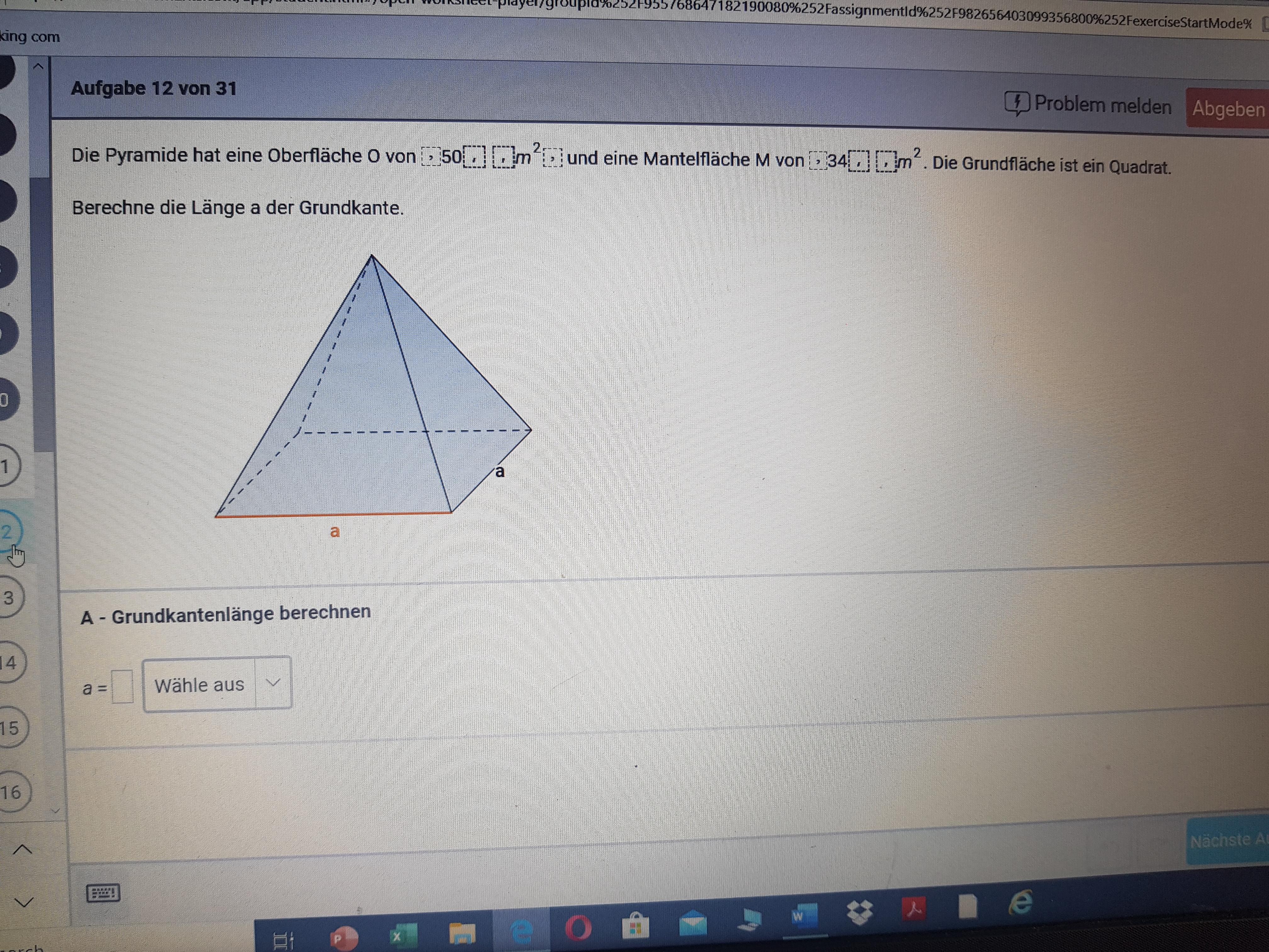 Wie kann ich die Grundkantenlänge bei einer Pyramide berechnen? (Schule