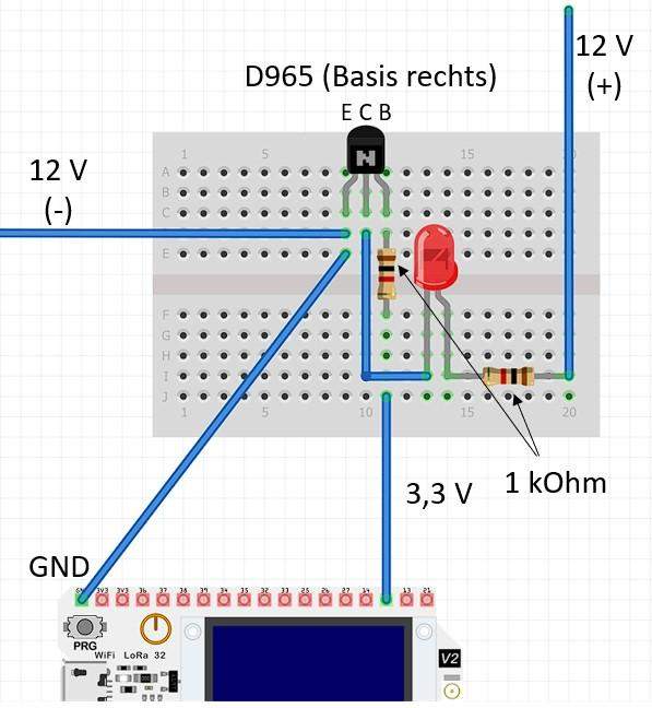 Wie kann ich eine 12 V LED mit ESP32 und NPN Transistor (D965) schalten