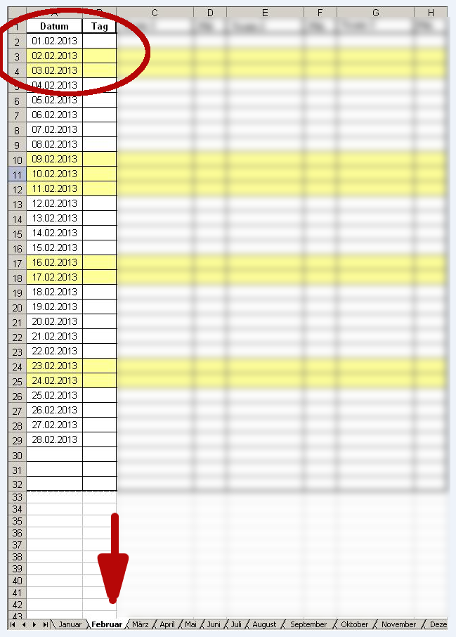 Wie kann ich in Excel einen Monatskalender mit Arbeitsblättern