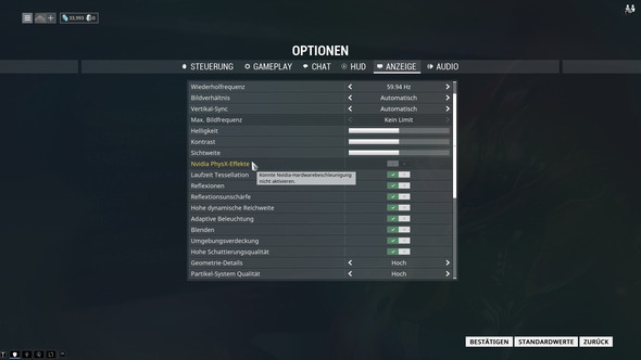 Screenshot: Warframe Einstellungen - (physx, hardwarebeschleunigung)