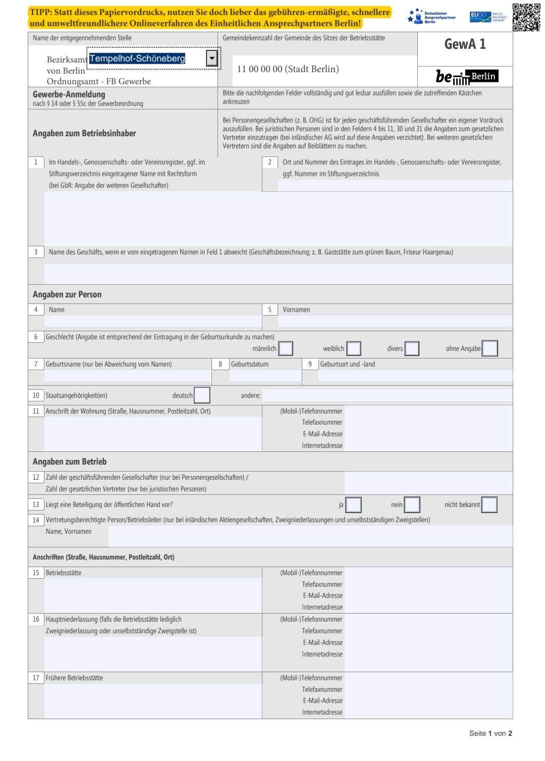 Gewerbe Anmelden Formular Finanzamt | Losformathens Online Formulare