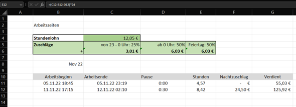 Wie lassen sich zwei verschiedene Nachtzuschlagssätze/ Schicht in einer Excel Tabelle verrechnen?