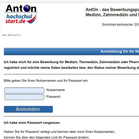 Meine Hochschulstart anmelde Daten werden nicht akzeptiert über AntOn  - (Ausbildung und Studium, Medizin, Universität)