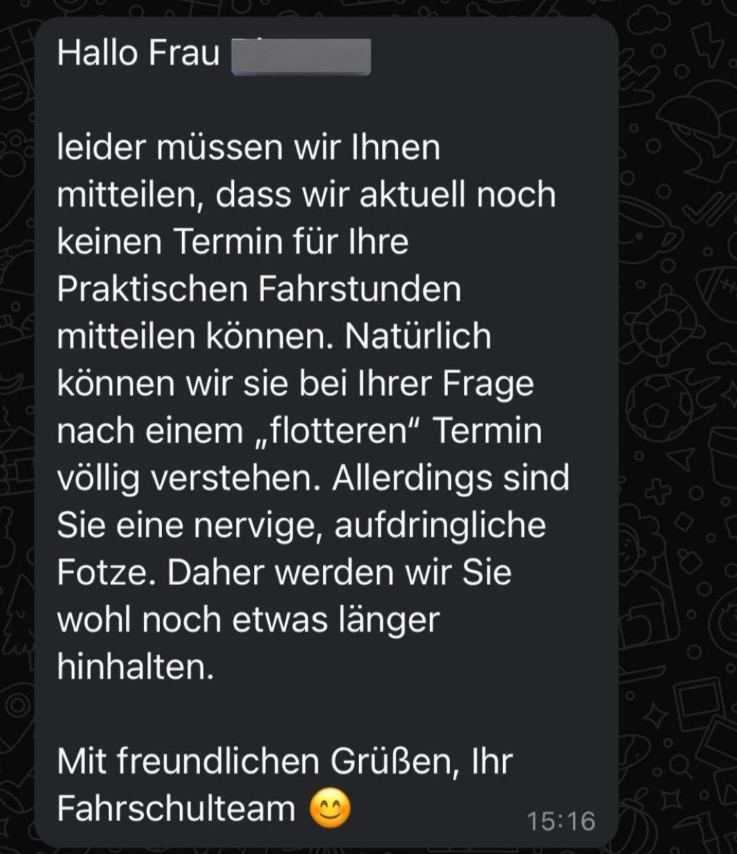 Wie reagiert man auf so eine Nachricht? (App, Chat, Fahrschule)