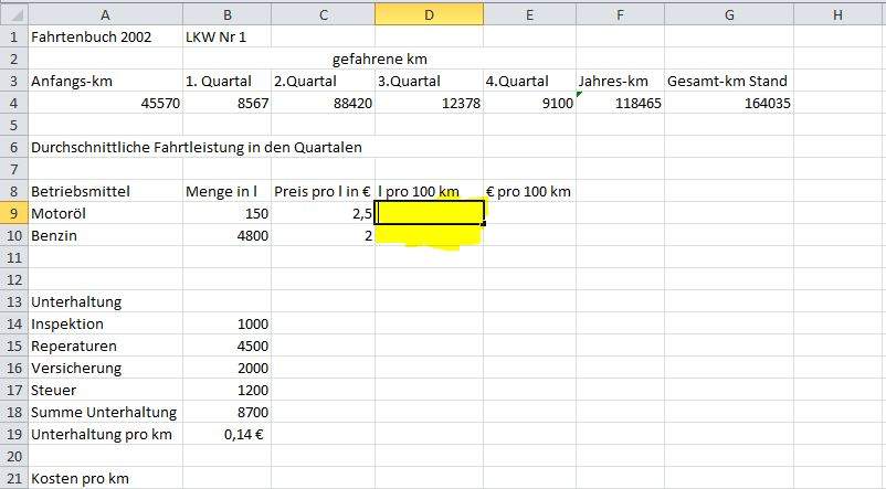 Wie rechne ich Liter pro 100km aus? ? (Mathematik, Microsoft Excel)