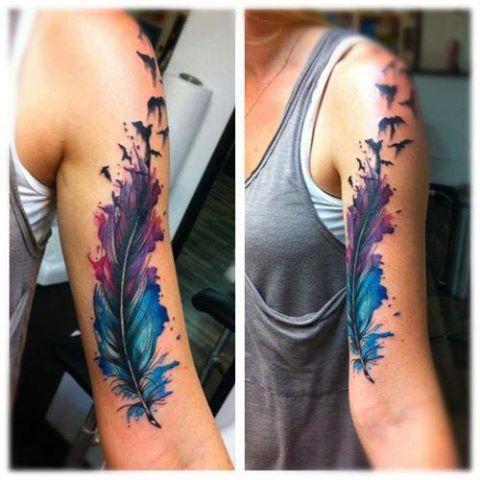 Stunning Watercolor Feather Tattoo by Hola Papaya