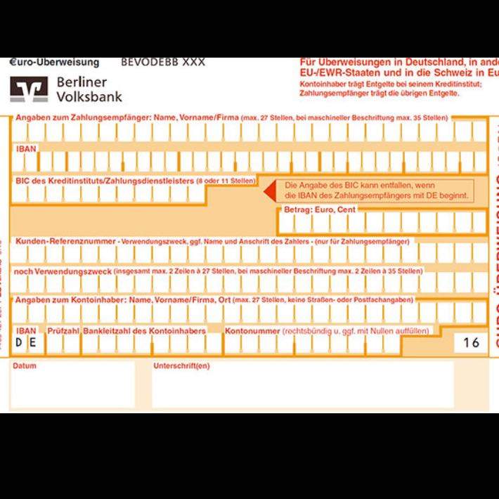 Wie trage ich das bei einem Überweisungsschein ein? (Bank, Versand