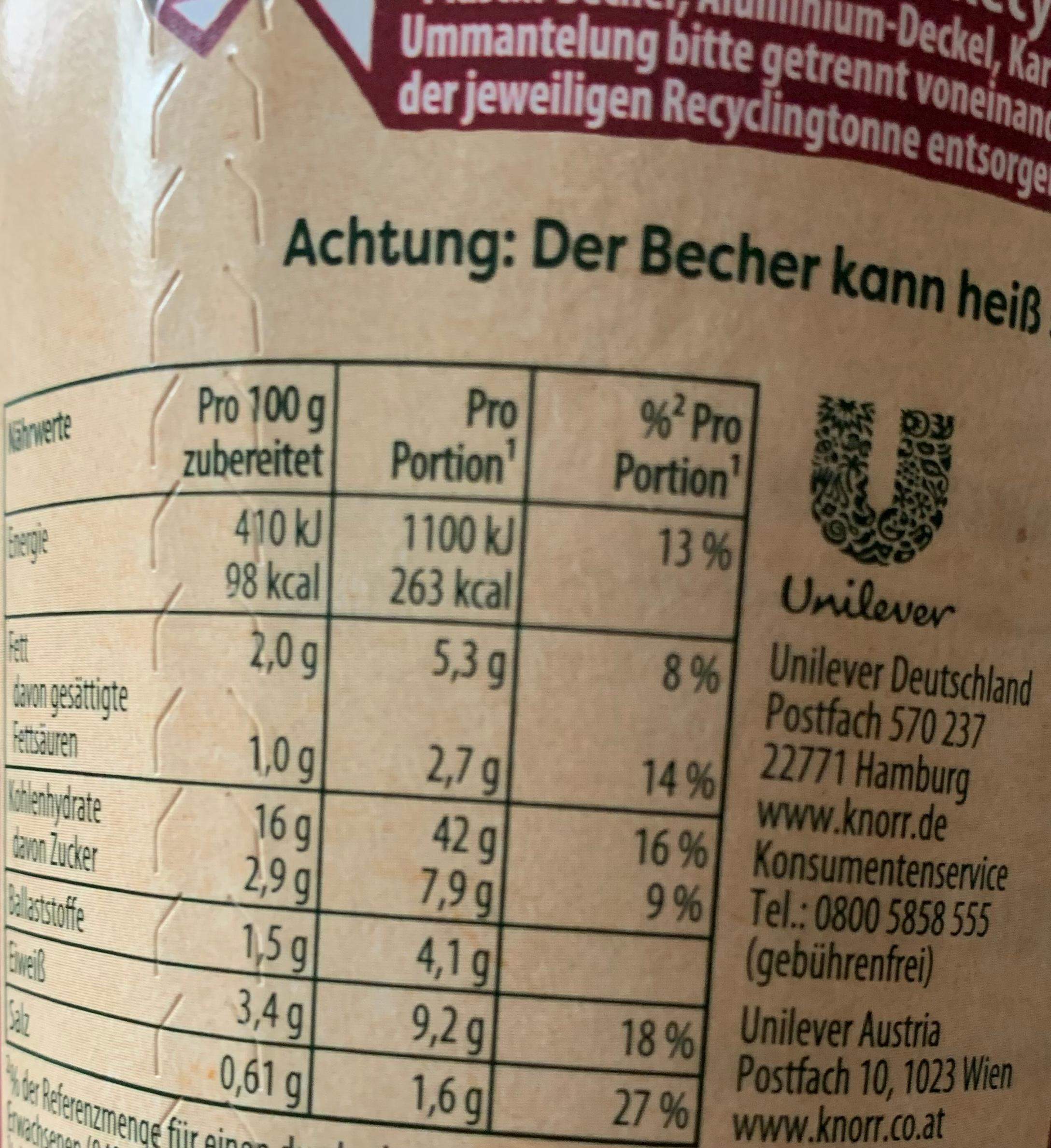 Wie viel Kalorien hat eine 5 Minuten Terrine? (Ernährung)