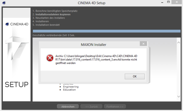 Cinema 4D Fehler - (Fehlermeldung, Installation, Cinema 4D)
