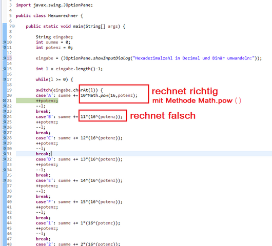 Wieso rechnet mein Code (JAVA) die Potenzen nicht (siehe Bild ...