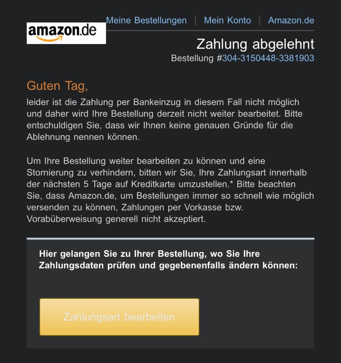 Wieso wird die Zahlung bei Amazon abgelehnt? (Bestellung)
