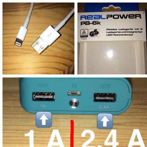 Oben-links: Ladekabel
Oben-rechts: Powerbank
Unten: Anschlüsse - (Apple, iPhone, USB)