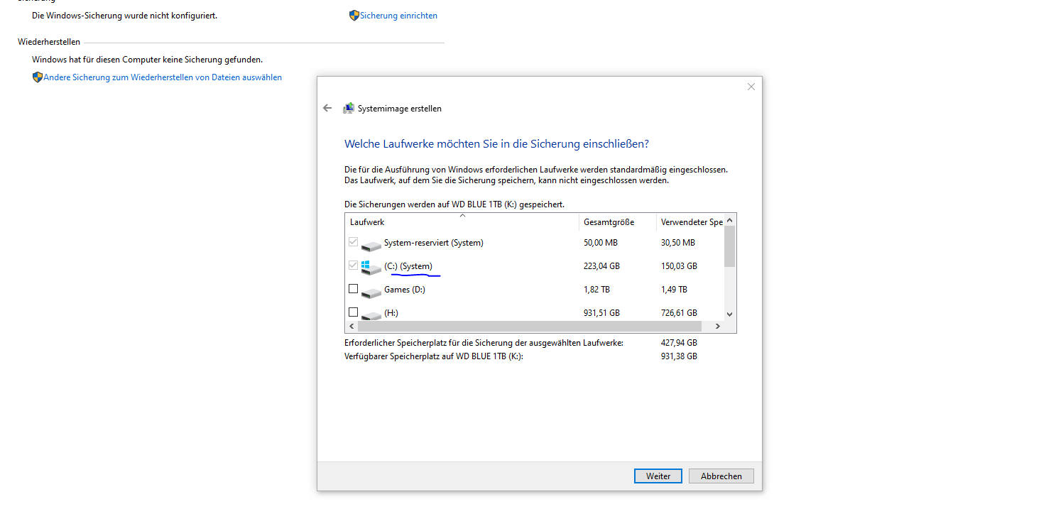 WIn10 Sichern und Wiederherstellen (Systemabbild Erstelen) Fehler? (SSD