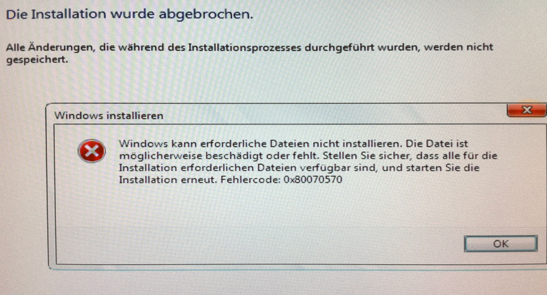 Windows-10-Installation Fehlermeldung \