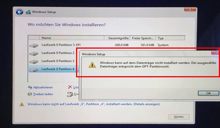 Der Ausgewählte Datenträger Entspricht Dem Gpt Partitionsstil Windows 10 kann nicht auf Primary Partition installiert werden. "der