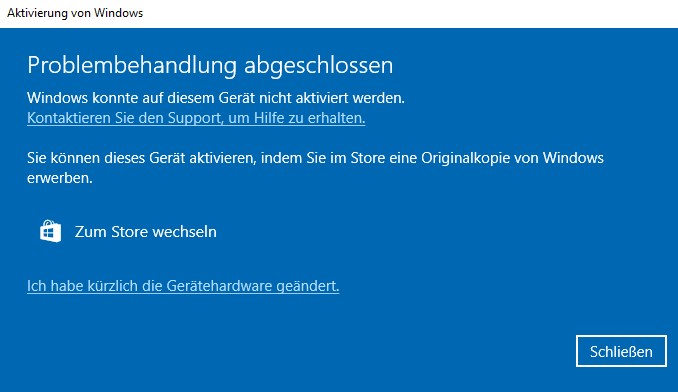 Windows 10 Key nicht mehr Gültig (nach Änderung der Hardware