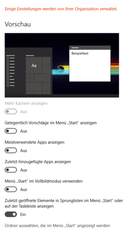 Screenshot der Personalisierungseinstellungen - (Bug, Startmenü, Windows 10 Professional)