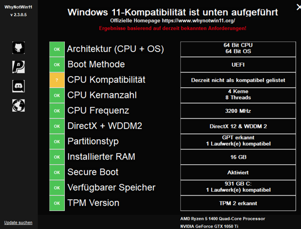 Windows 11 mit AMD Ryzen 5 1400?