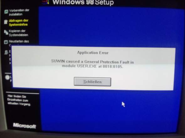 Windows 98 nicht installierbar - "Windows- Schutzfehler"?