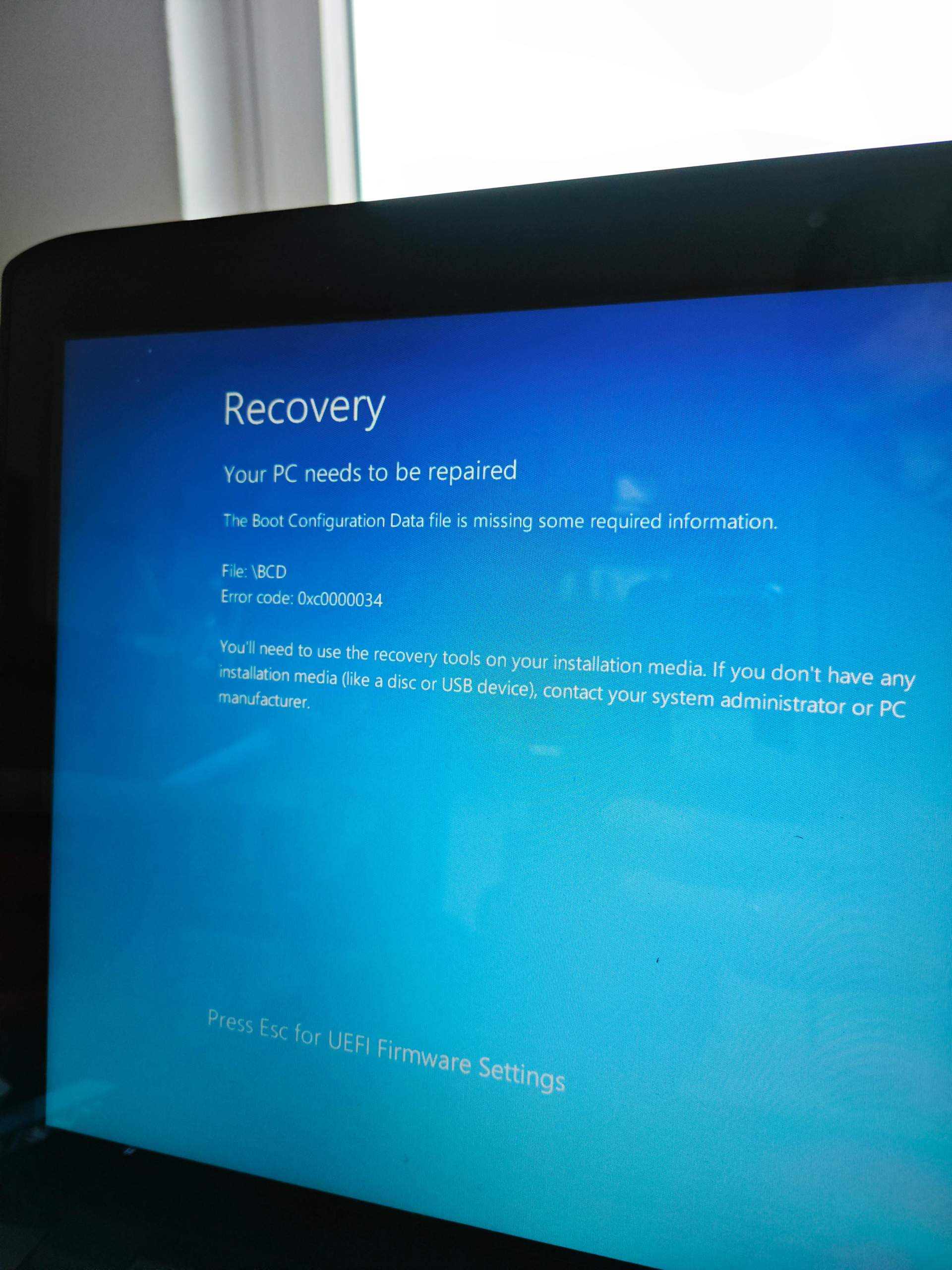 Windows BIOS Boot Option ausgegraut Error code 0xc0000034 Windows neu ...