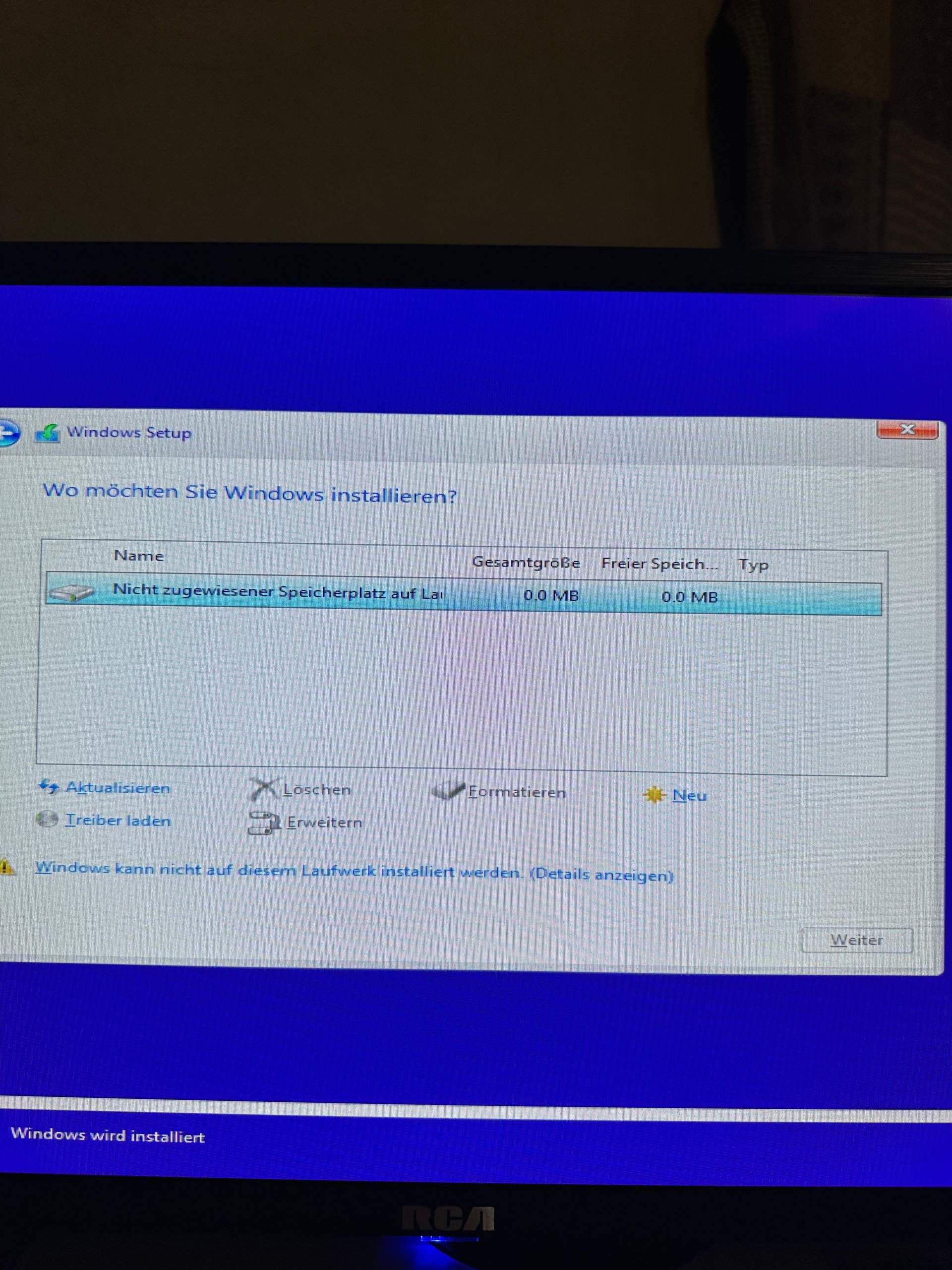 Windows installation nicht zugewiesener speicher auf laufwerk(0