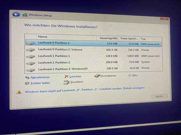 Windows Installieren?! *Windows kann nicht auf Laufwerk 1 Partition 1 Installiert werden?