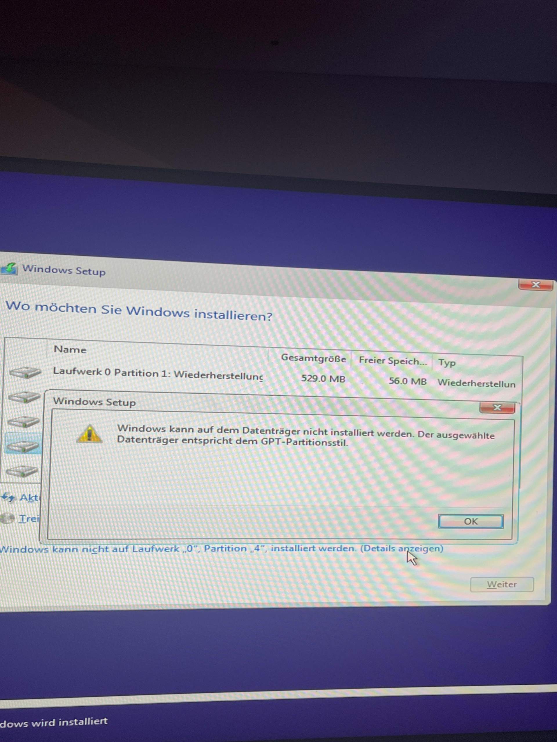 Windows kann nicht auf Laufwerk „0“, Partition „1“, installiertwerden