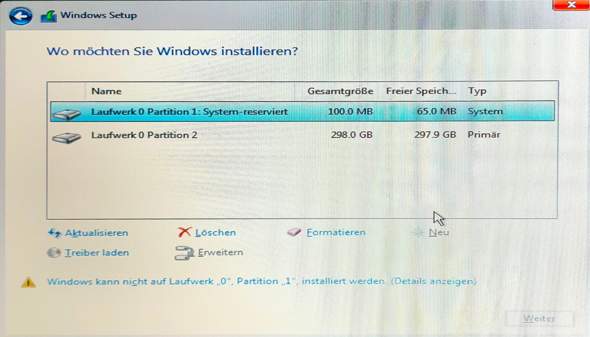 Windows Neuinstallation Probleme bei Partition, was tun?
