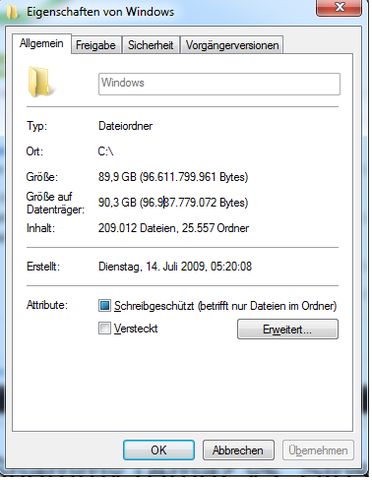Hier ein Screenshot von den Eigenschaften des Ordners - (Windows 7, Speicher, 90GB)