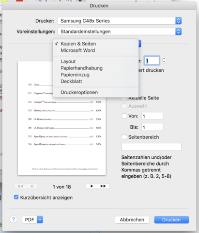 Auswahl bei Druck von WORD Dokument - (Apple, Samsung, Mac)