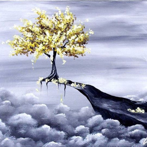 goldener Baum am Rande einer Klippe - (Freizeit, Kunst, Malerei)