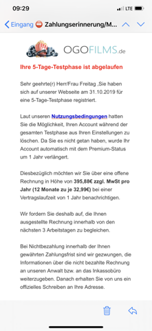 Zahlungserinnerung Mahnung Einer Stream Seite Serios Streamingdienst