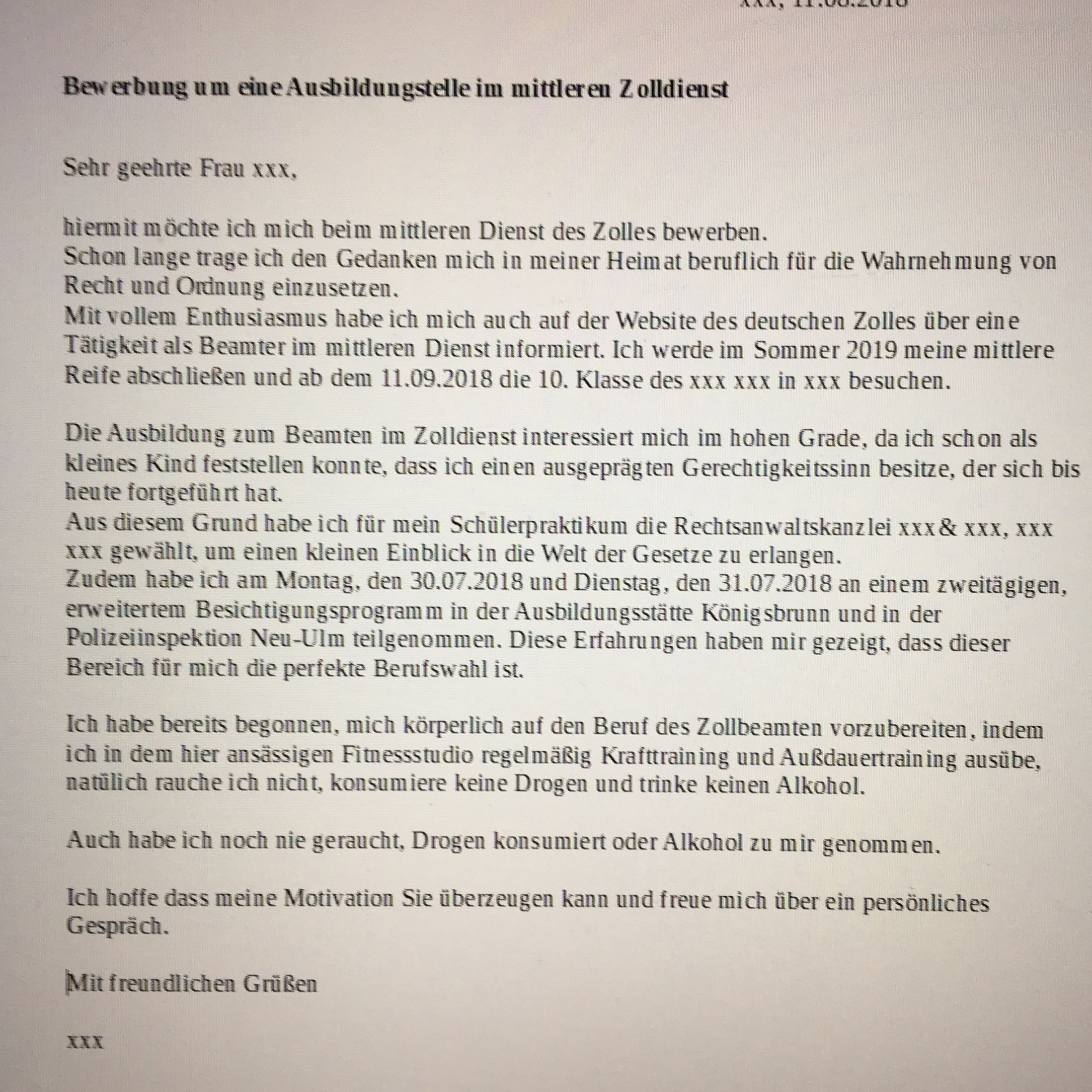 Zoll Bewerbung Bewertung Bewerbungsanschreiben Zoll