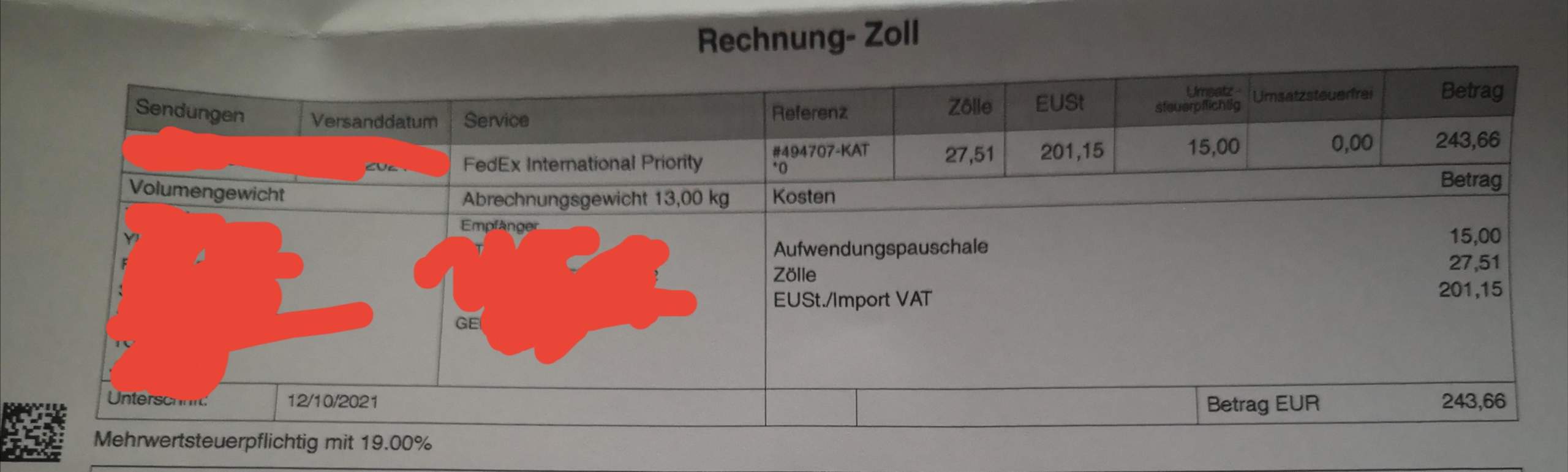 Zollgebühren über 200 eueo? Versand)
