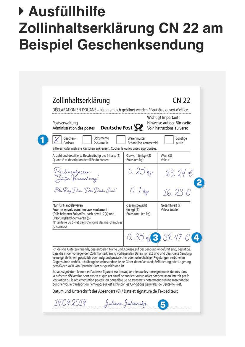 Zollinhaltserklärung cn22? (Post, Paket, DHL)