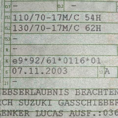 Zulassungsbescheinigung Feld 17 -> A? (Motorrad)